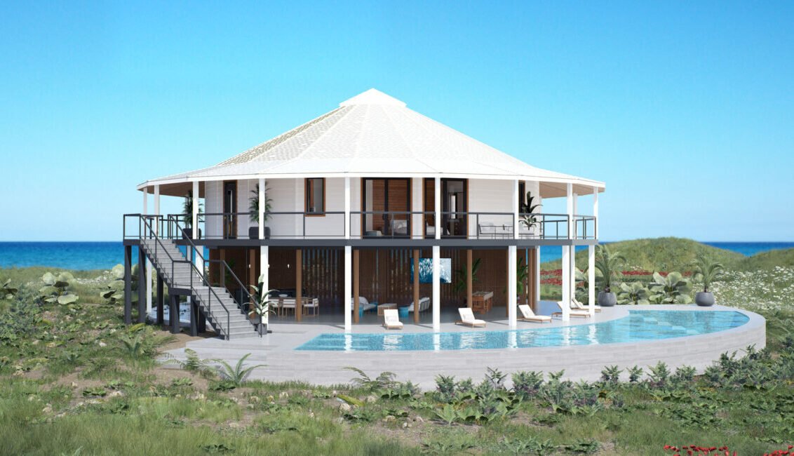 White and wood exterior of a circular prefab home with pool, Deltec Homes Classic 360, seaside setting with low greenery surrounding - photo