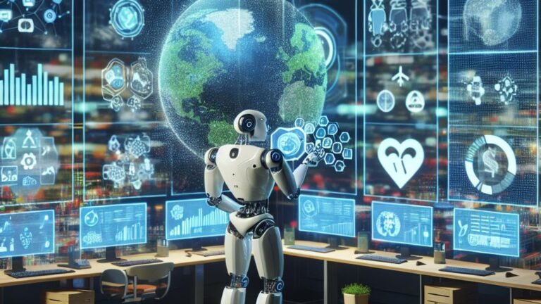 White and black humanoid robot looking at a wall of many computer screens, which come together to display a a large image of the earth in the centre surrounded by icons.