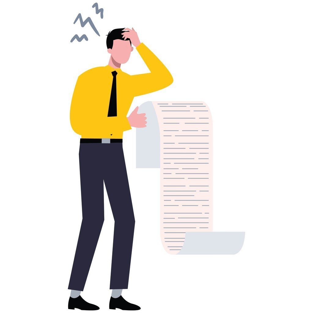 Animated man looking at a paper with a chemical inventory list and wondering why he didn't use a chemical inventory manager.