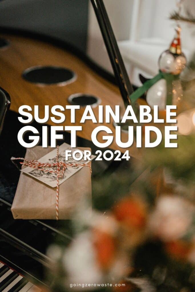 image of a wrapped present sitting on a grand piano, titled (and shown): sustainable gift guide for 2024