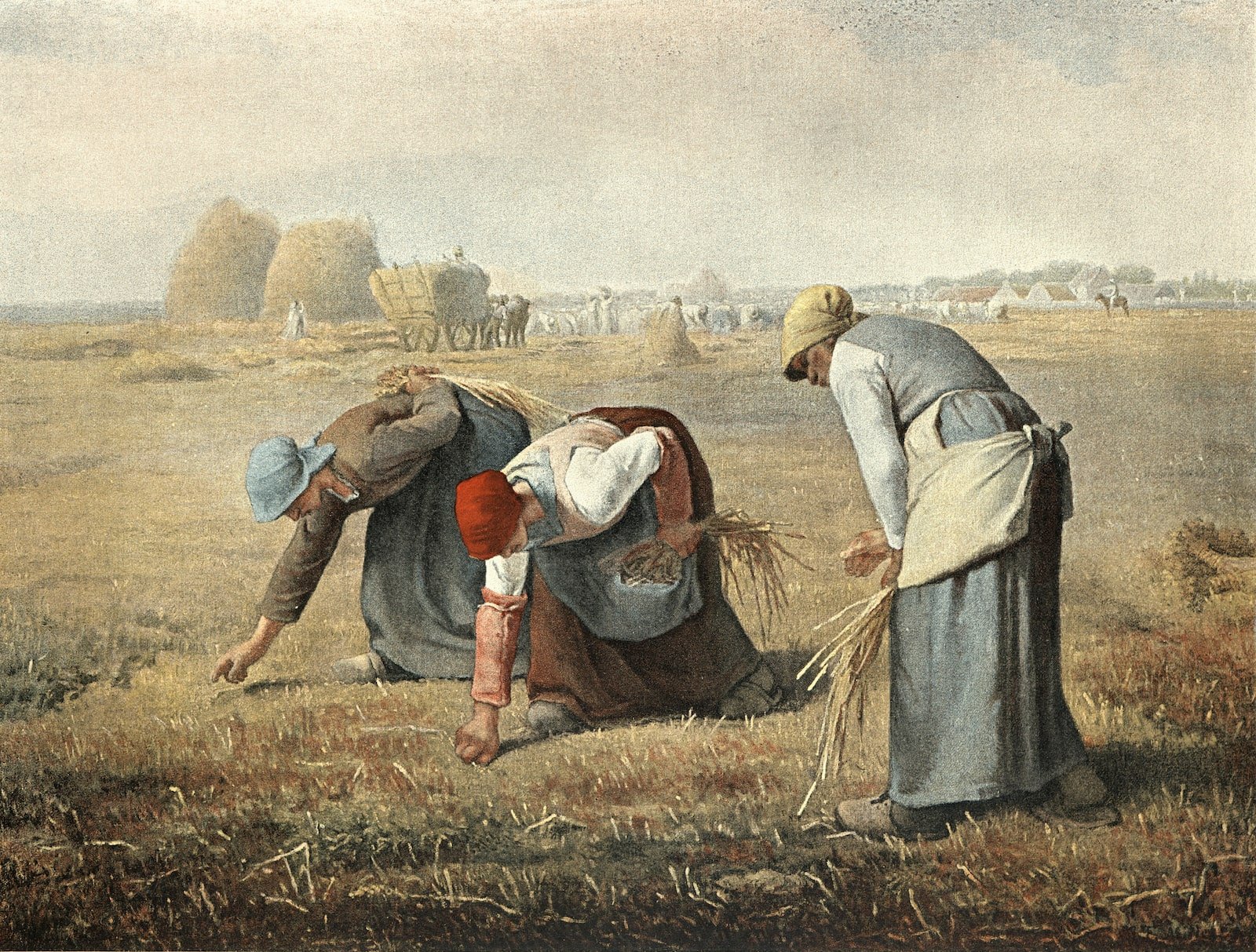 A painting of three women bending over a field of wheat, picking up leftover stalks