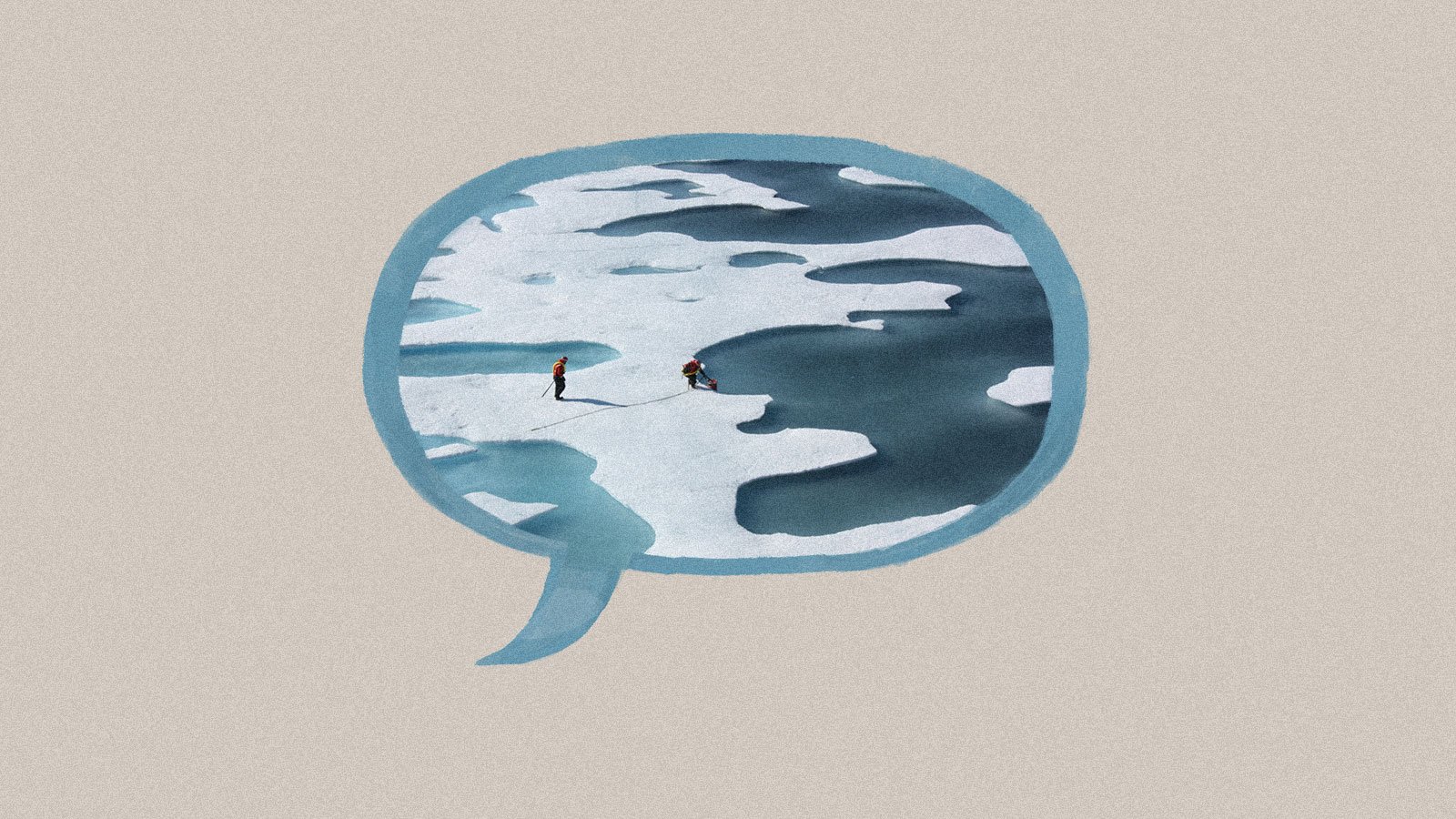 Illustrated speech bubble with picture of researchers on melting sea ice