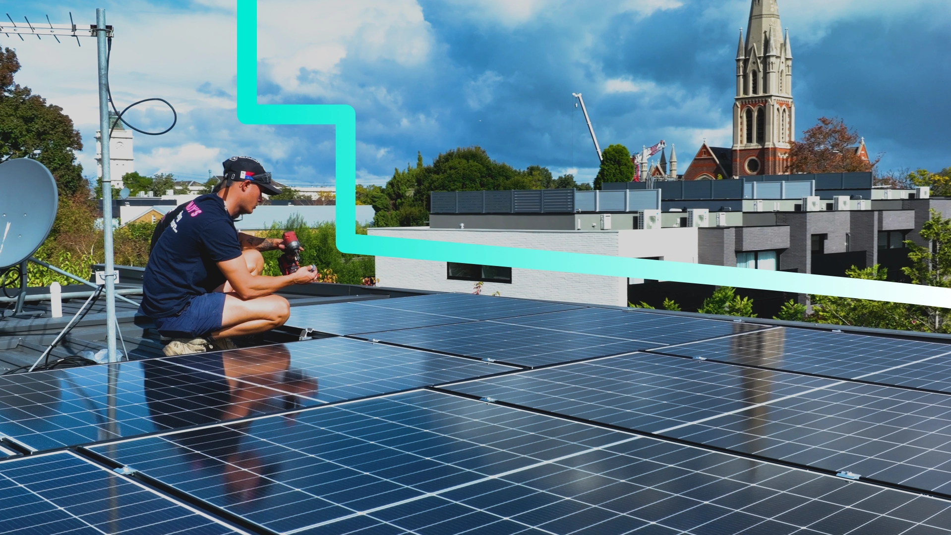 a Lightning Energy in-house installer on a roof surrounded by solar panels getting ready to screw a panel down to the roof whilst an aqua to white gradient lines goes around the worker and the roof with a gap and pends of 90 degrees.