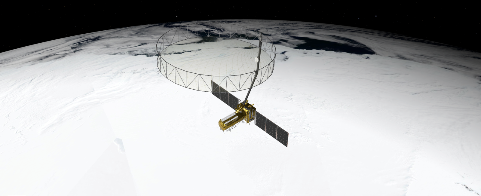 A satellite with large solar panels orbiting the Earth, with a large antenna array visible.