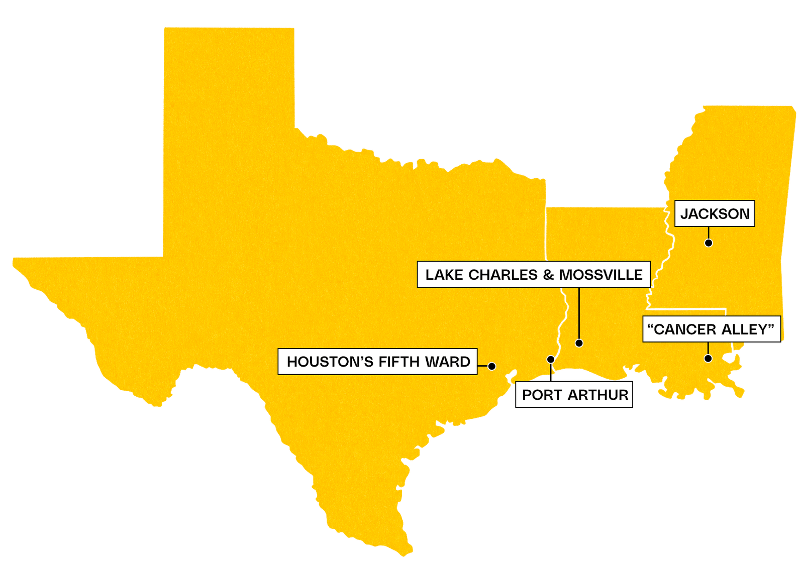 A map of texas, louisiana, and mississippi showing markers for several cities or regions