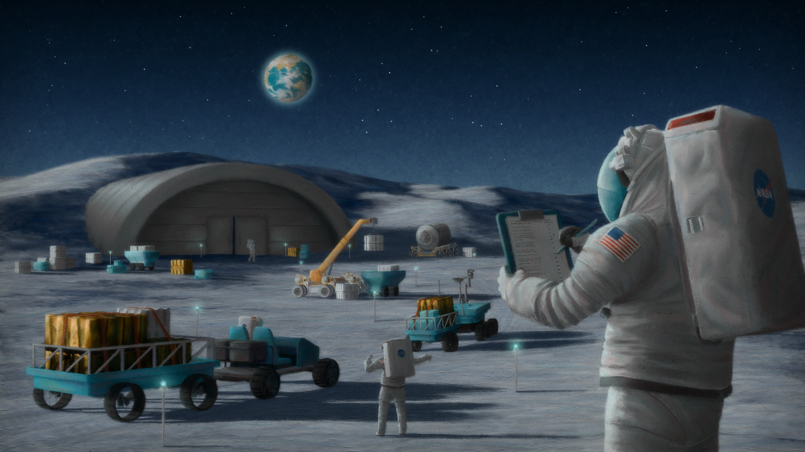 Artist's rendering of astronauts managing logistics on the lunar surface.