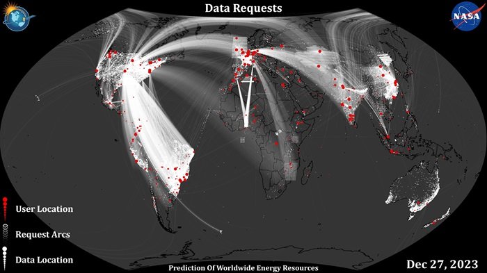 This metrics map shows user engagement for one day in December 2023. The red dots indicate user locations and white arcs indicate the location for which datais requested.