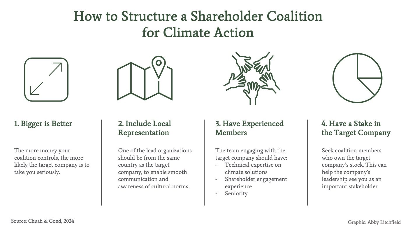 How to Structure a Shareholder Coalition for Climate Action
Bigger is better: the more money your coalition controls, the more likely the target company is to take you seriously.
Include local representation: one of the lead organizations should be from the same country as the target company to enable smooth communication and awareness of cultural norms.
Have experienced members: the team engaging with the target company should have technical expertise on climate solutions, shareholder engagement experience, and seniority.
Have a stake in the target company: seek coalition members who own the target company's stock. This can help the company's leadership see you as an important stakeholder.