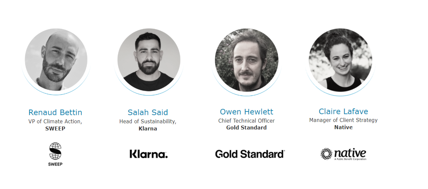 A Contribution Approach to Climate Finance webinar panelists: Renaud Bettin, Sweep; Salah Said, Klarna; Owen Hewlett, Gold Standard; and Claire Lafave, Native