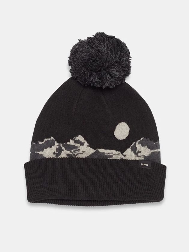 black knitted pom organic cotton beanie with scenic mountain intarsia artwork by tentree