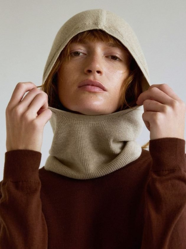 model wearing beige balaclava by Organic Basics 
