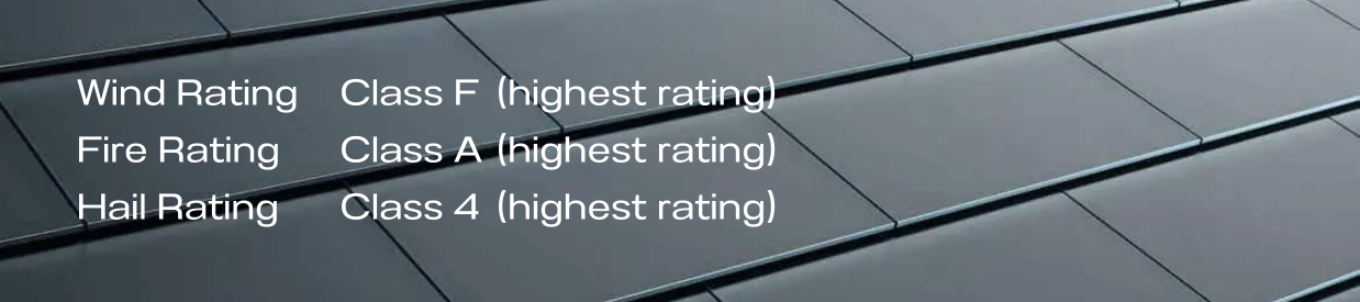 table showing wind, fire, and hail specification of Tesla Solar Roof tiles - photo of solar roof tiles in background
