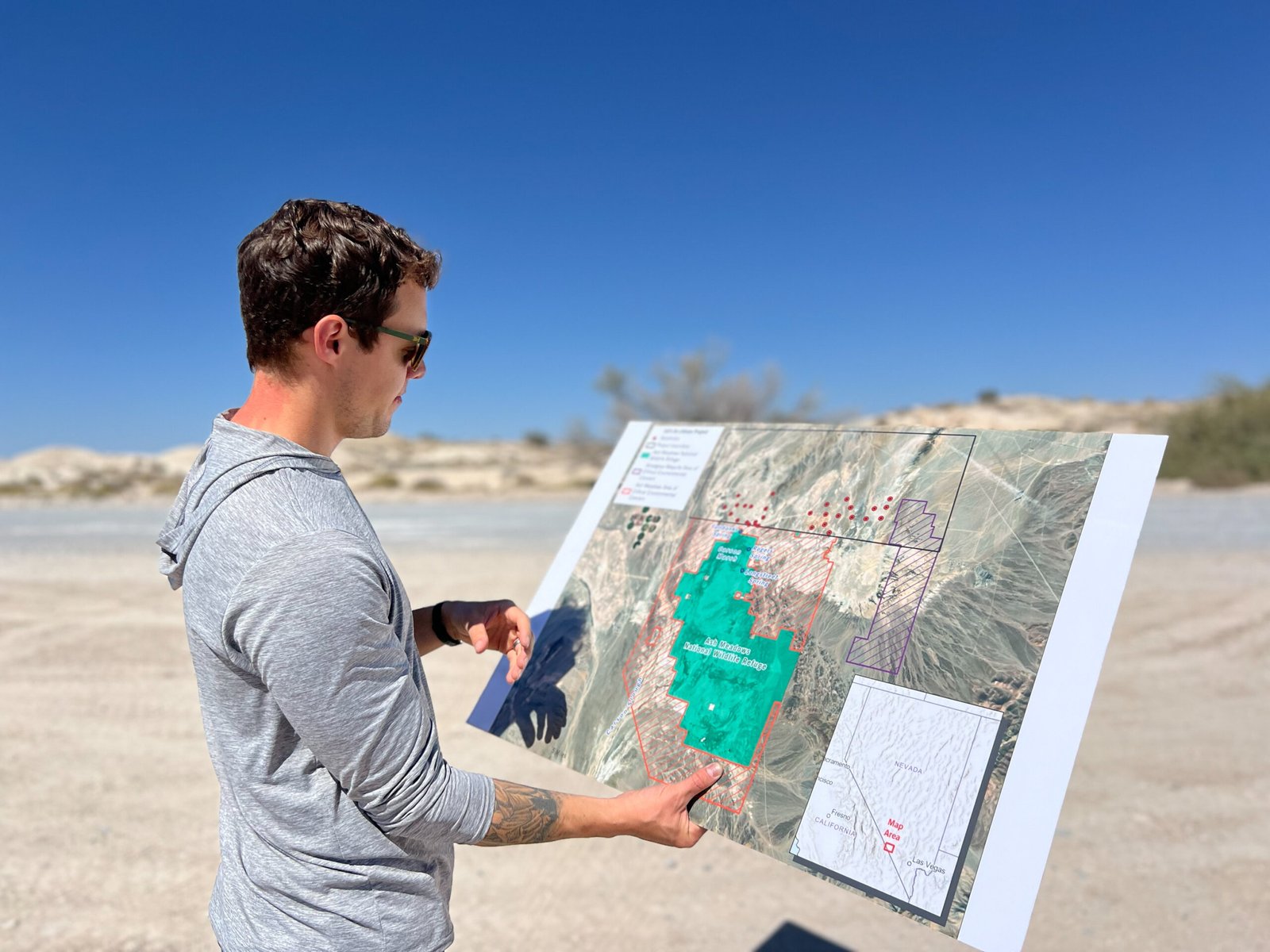 Mason Voehl shows a map of where Rover Metals proposed drilling exploratory lithium wells. Mason Voehl shows a map of where Rover Metals proposed drilling exploratory lithium wells.