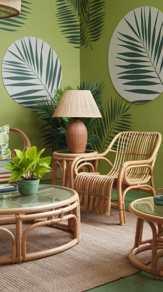 Tropical Green Living Room with Vibrant Patterns