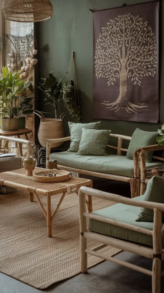 Rustic Green Living Room with Wooden Elements