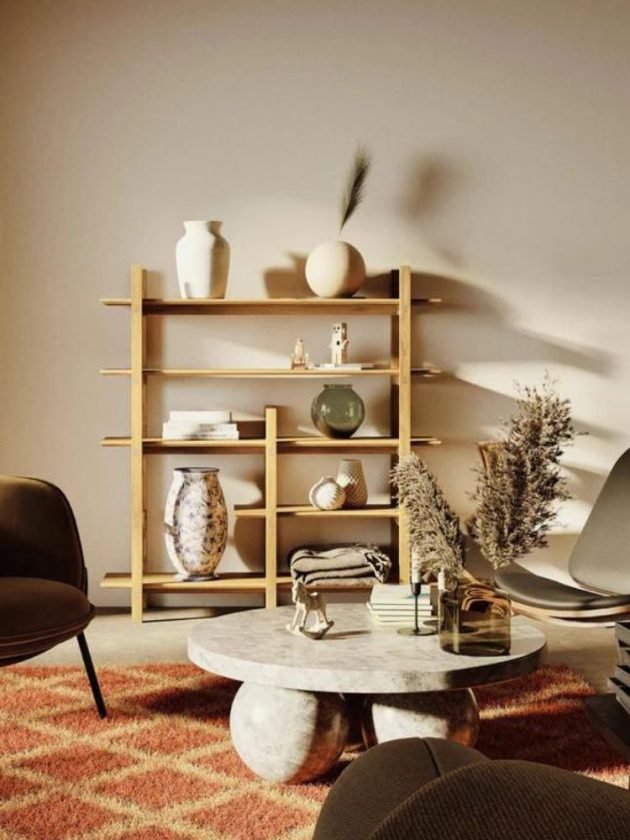 Sustainable teak bookshelf with decor