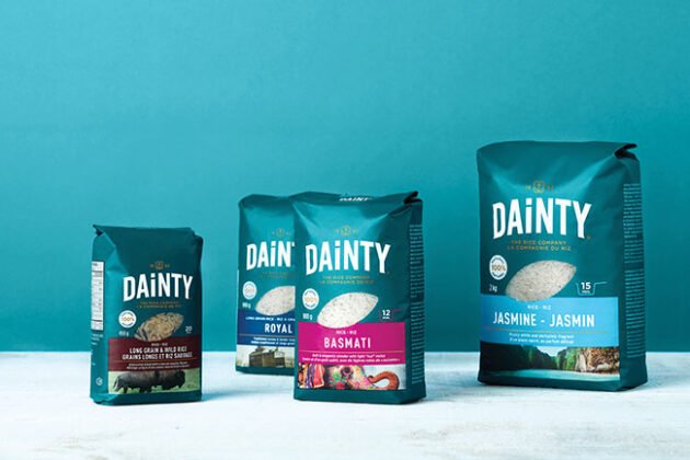 Pigeon helped redesign rice brand Dainty’s packaging. The rice is now packaged in stand-up pouches in vivid colours and has a window to show the product inside. Photo © Pigeon