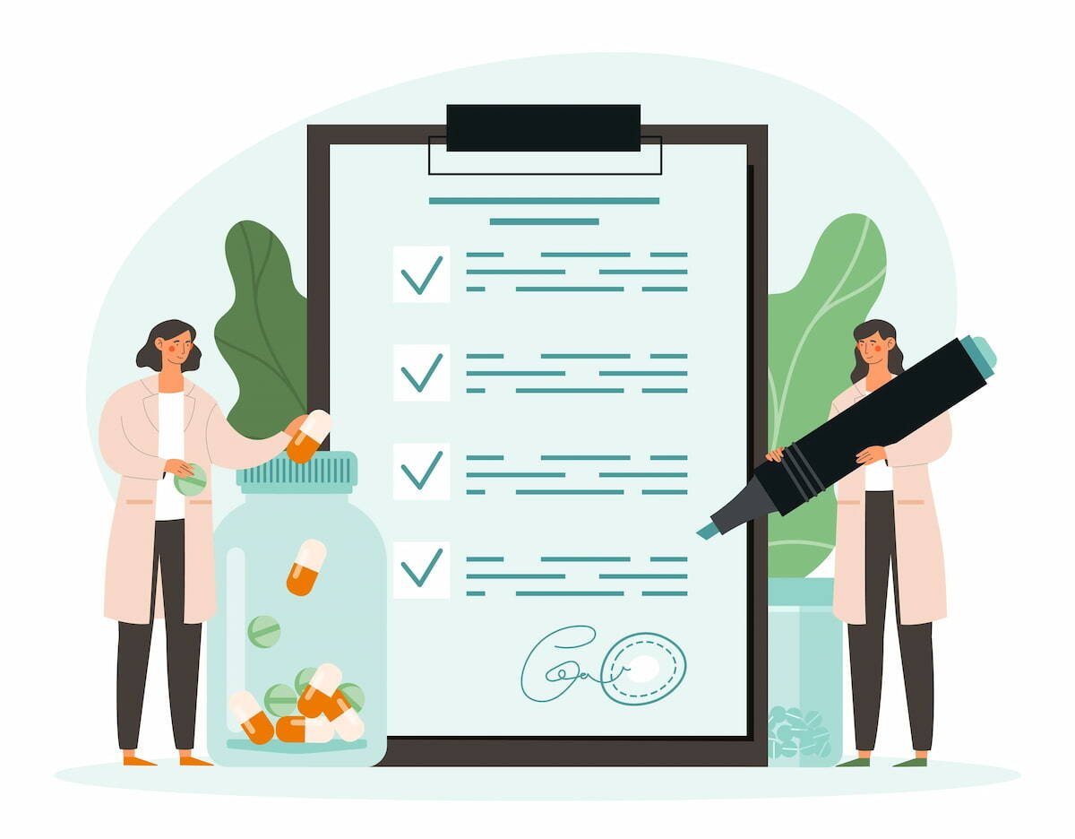 Animated people filling out a checklist to assist in a biennial controlled substance inventory review.