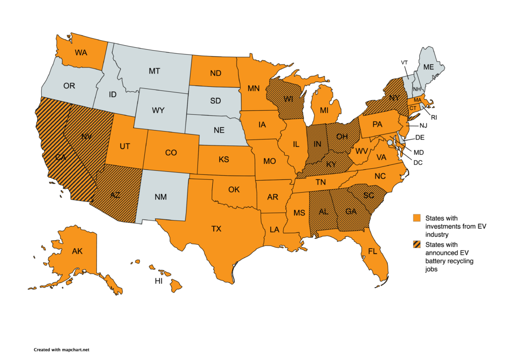Map of states with EV battery recycling jobs