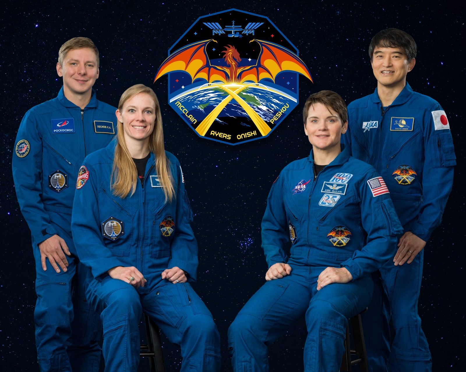 Official crew portrait for NASA’s SpaceX Crew-10 mission with NASA astronauts Anne McClain and Nichole Ayers, JAXA (Japan Aerospace Exploration Agency) astronaut Takuya Onishi, and Roscosmos cosmonaut Kirill Peskov.