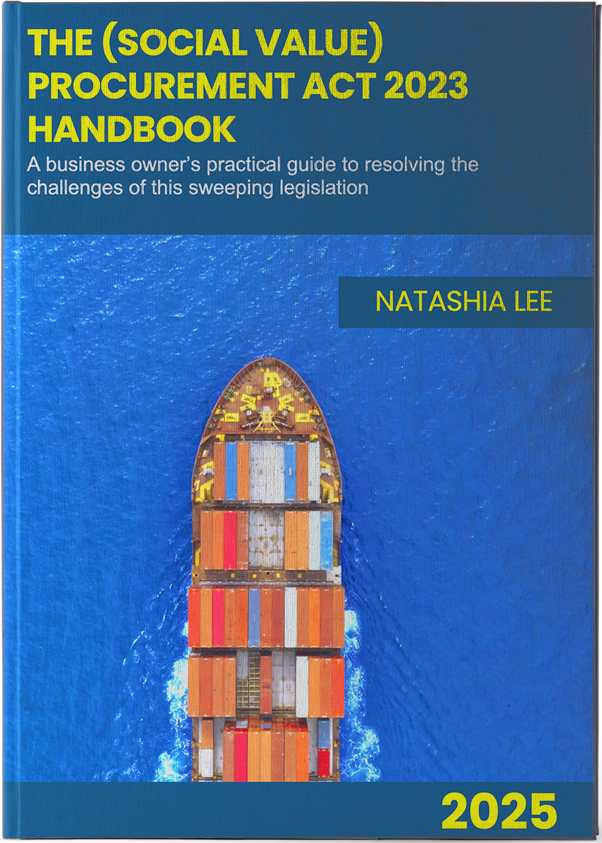 Cover of "The Social Value Procurement Act 2023 Handbook" by Natashia Lee. Image features an aerial view of a colorful cargo ship at sea. Subtitle: "A business owner's practical guide to navigating the challenges of this sweeping legislation.