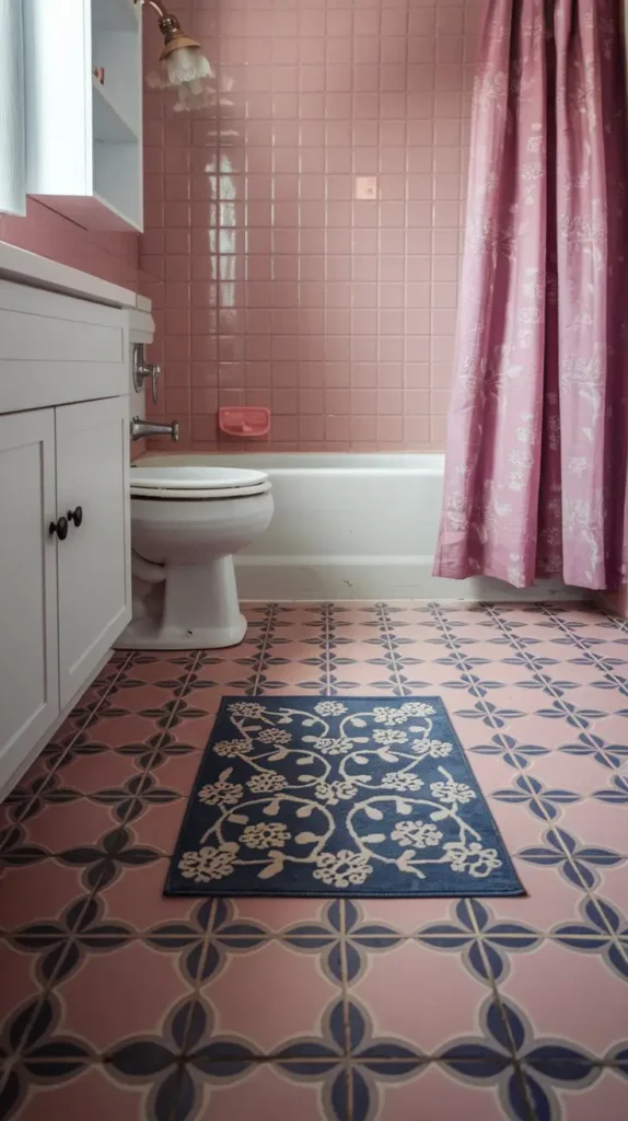 Pink Tile Floor with Patterned Rugs