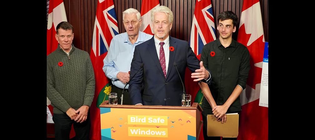 MPP Chris Glover is joined by Brendon Samuels and Michael Mesure from FLAP Canada and Elder Bob Phillips to present the Bird Safe Windows Act 2023