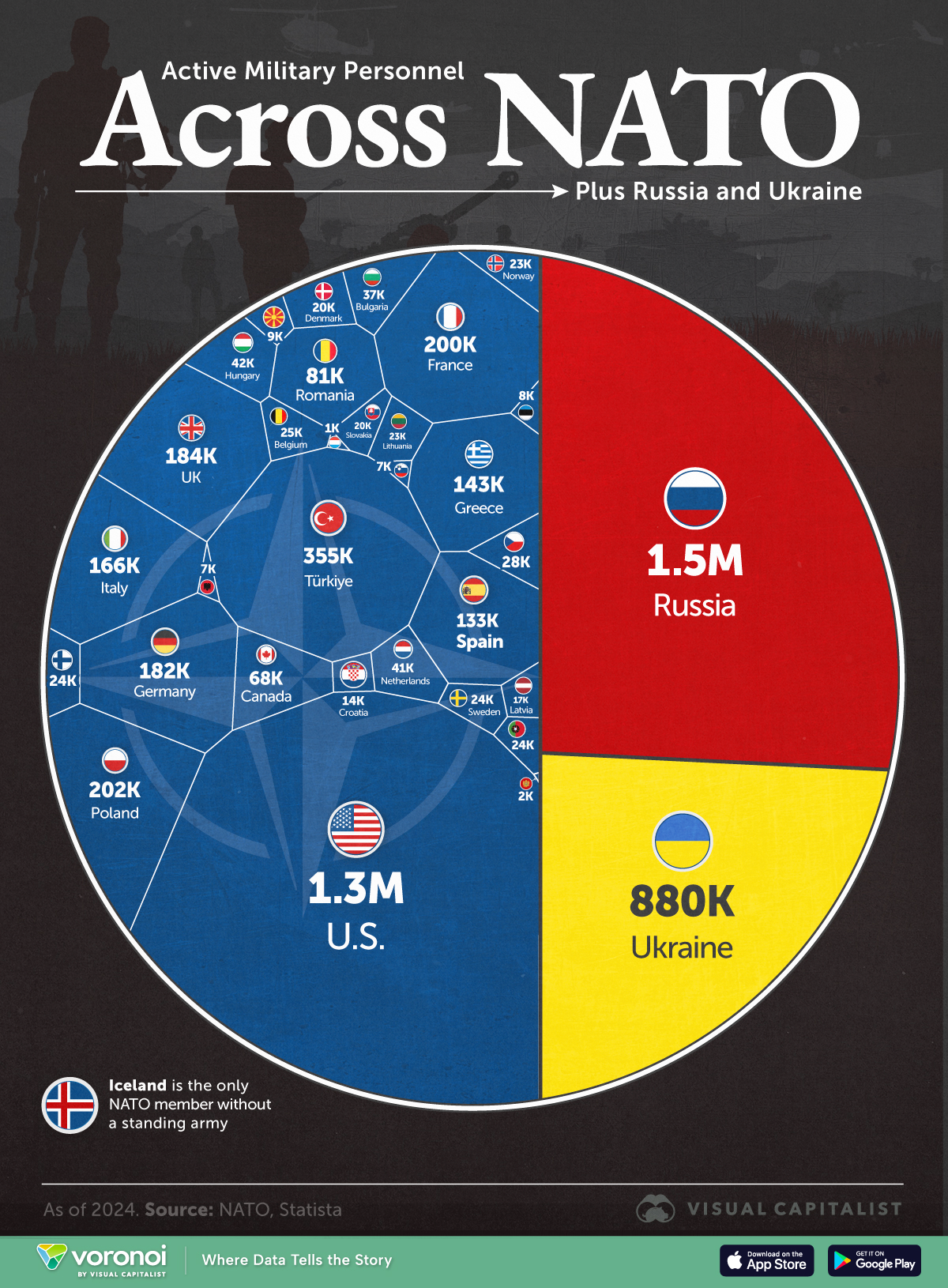 This graphic compares the size of NATO's armies to Ukraine and Russia