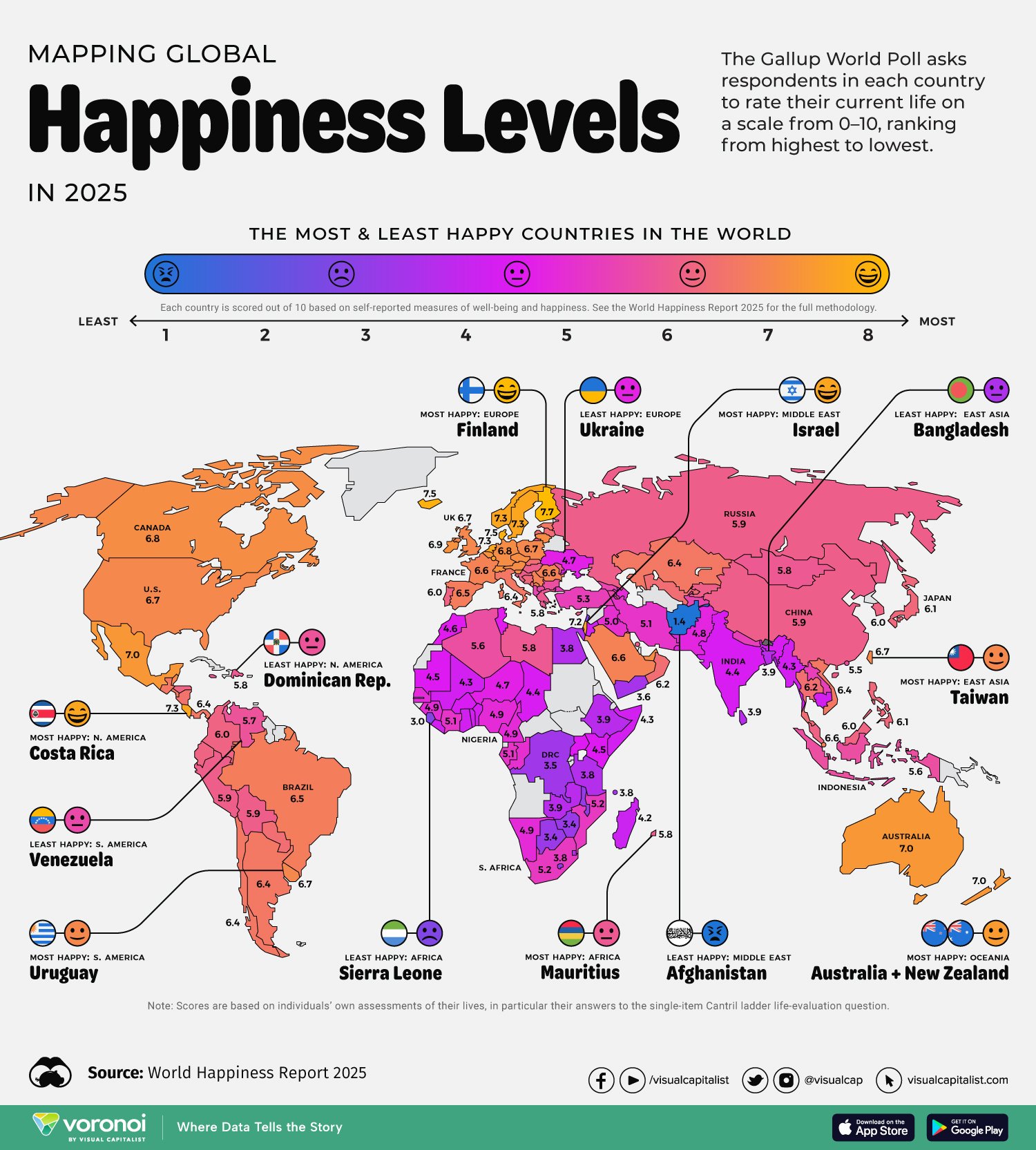 A world map showing happiness scores of various countries from the 2025 World Happiness Report