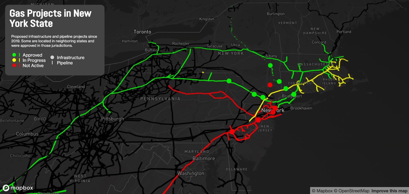 A map of the northeast US with gas projects running through the states