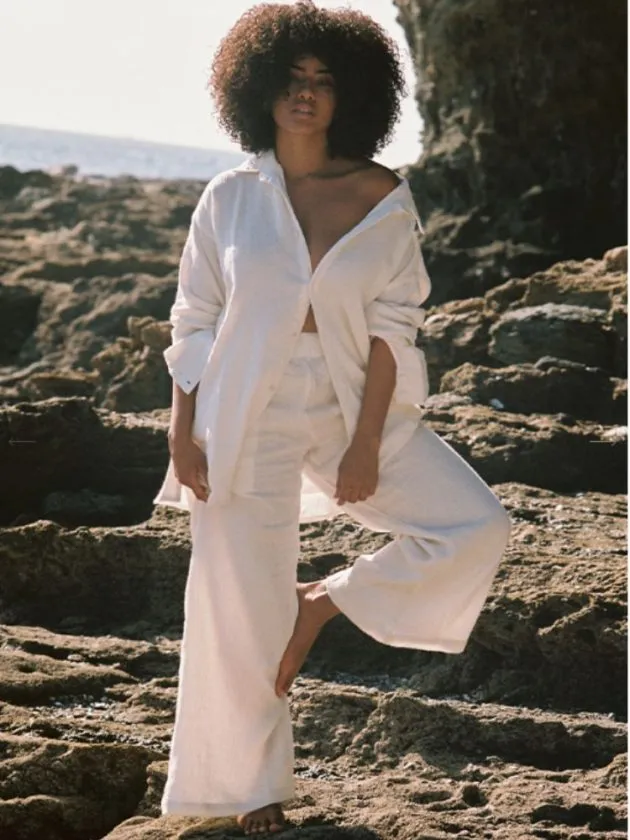 white linen outfit from slow fashion marketplace Reve En Vert