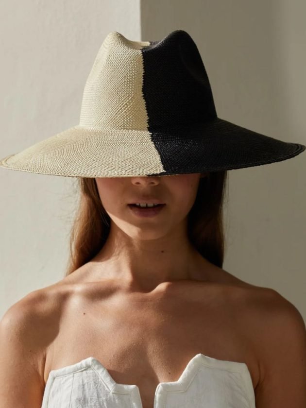 Fair trade natural straw sun hat in beige and black