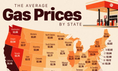 This map shows the price of regular unleaded gasoline per gallon in each state.