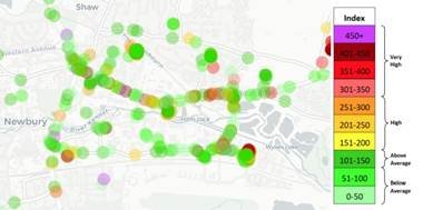 colour-coded blobs superimposed on a map showing areas of pollutant concentration