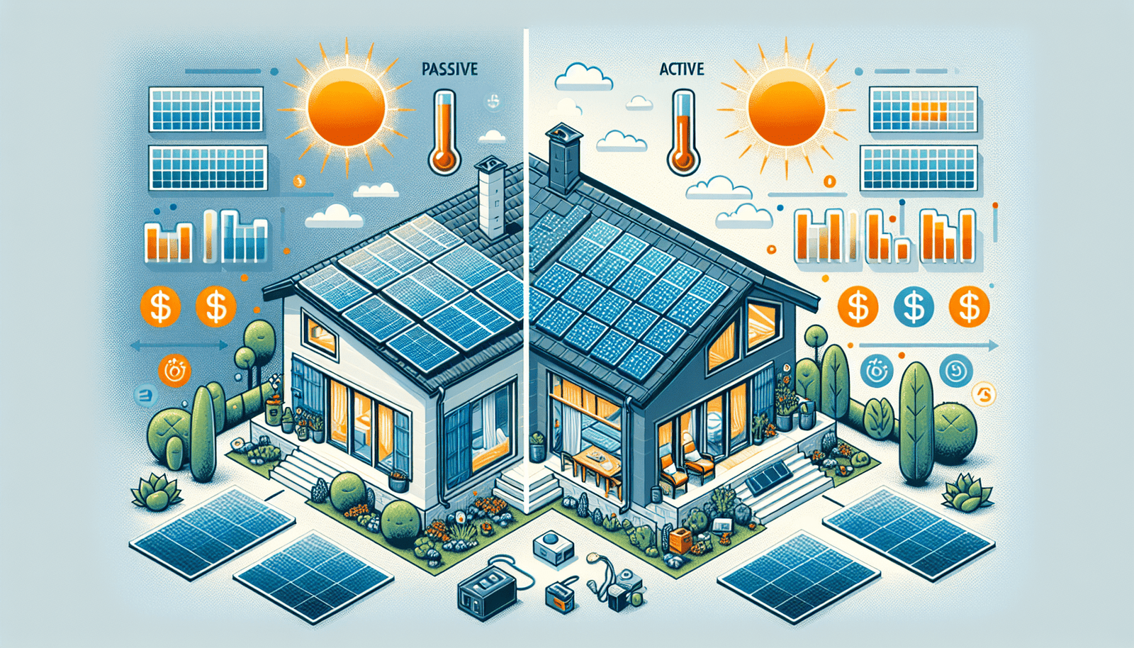 Comparison illustration of passive and active solar energy