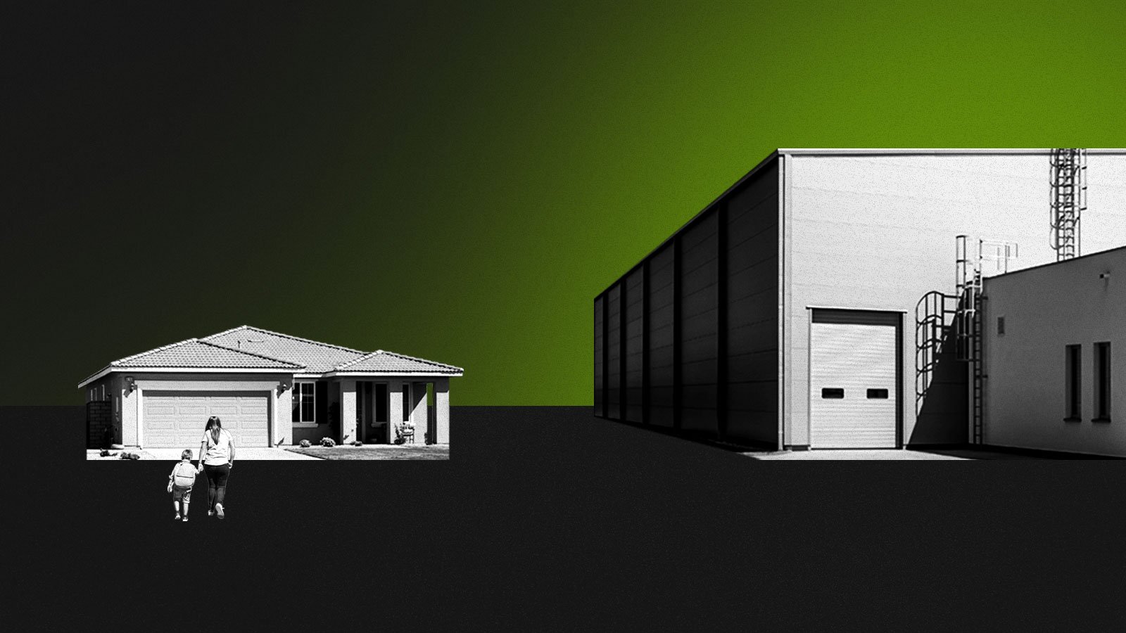 Collage of mother and child walking up to their home neighboring a warehouse emitting a green color
