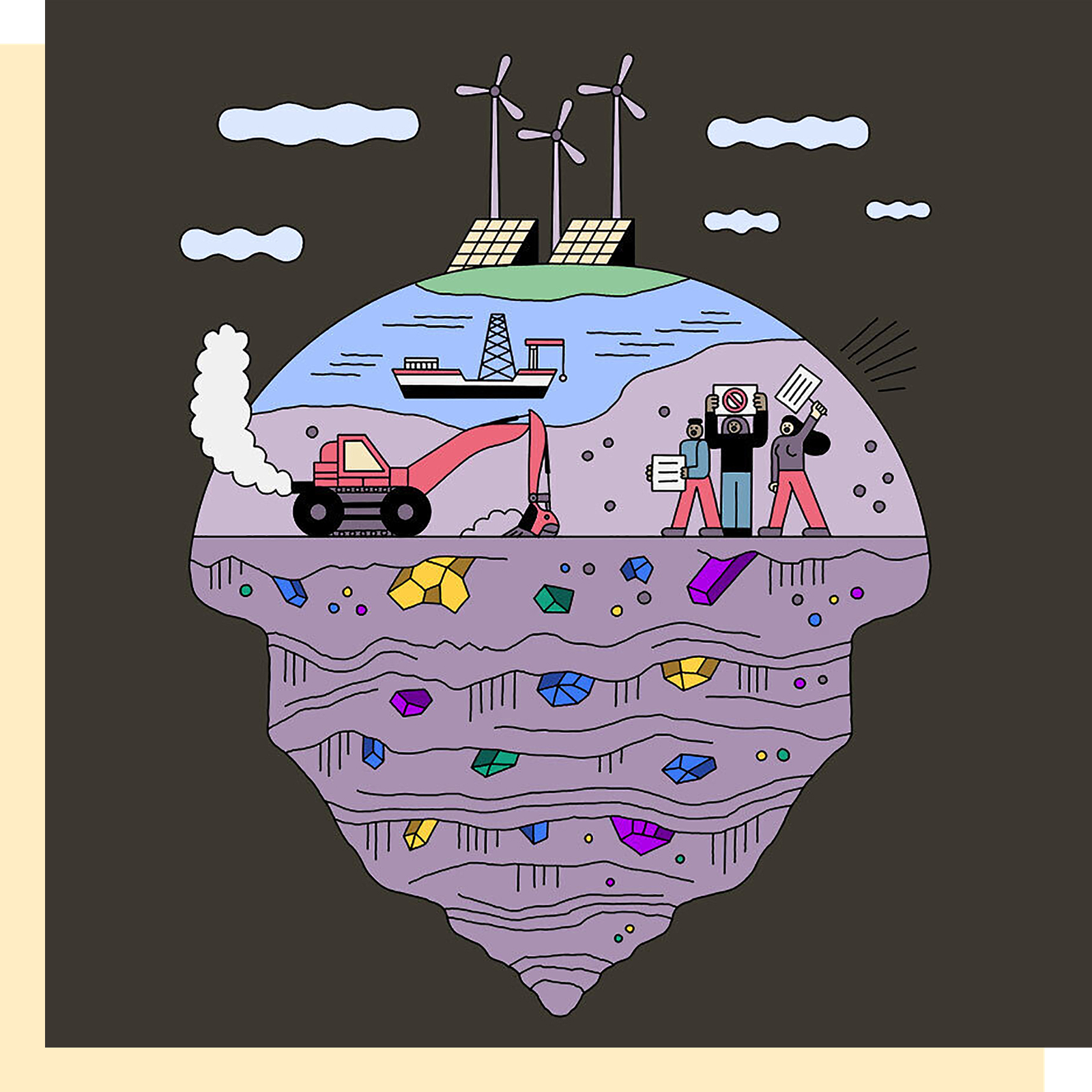 illustration of earth with wind turbines, solar panels, a ship, an excavator and protesters, with bottom of half of earth filled with chunks of minerals