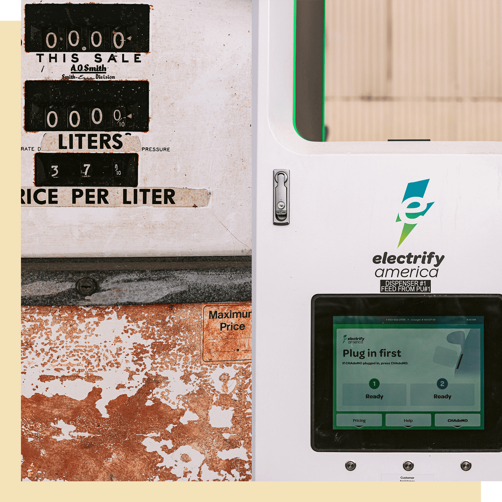 A gas pump and ev charger juxtaposed