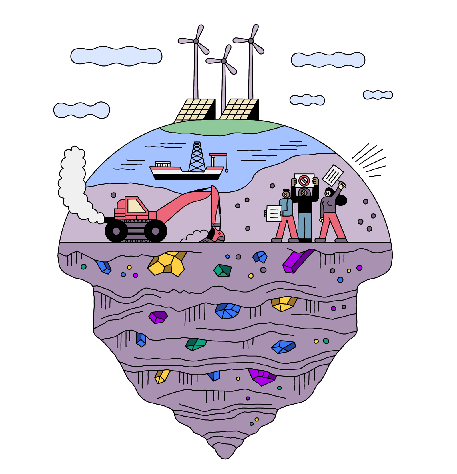 illustration of earth with wind turbines, solar panels, a ship, an excavator and protesters, with bottom of half of earth filled with chunks of minerals