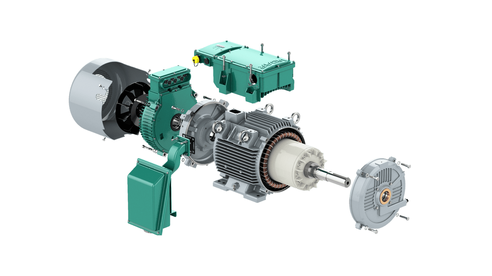 Exploded view of a new intelligent motor showing cylindrical and disc-shaped components arranged along the same axis