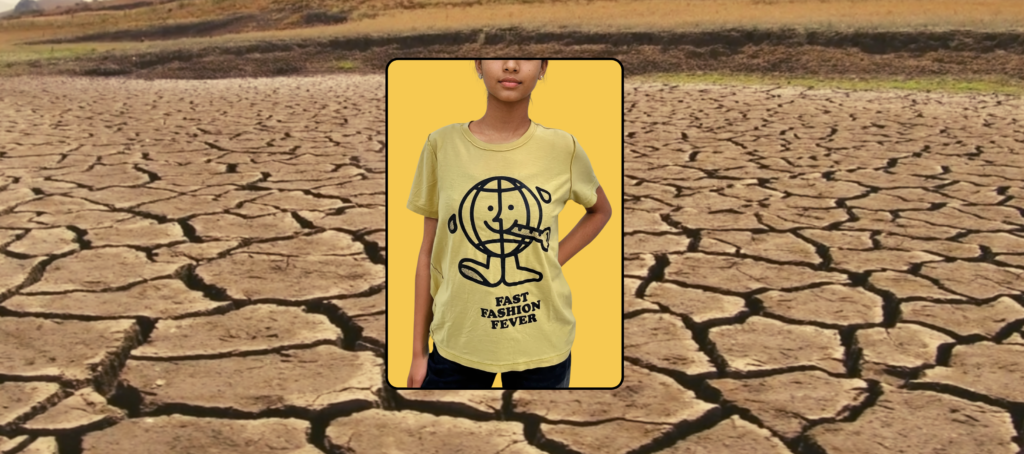 A fast fashion yellow t-shirt, flipped inside out with the message 'fast fashion fever' printed on it, using creativity to inspire climate action.