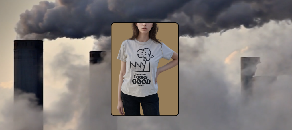 A fast fashion grey t-shirt, flipped inside out with the message 'pollution looks good on me' printed on it, using creativity to inspire climate action.