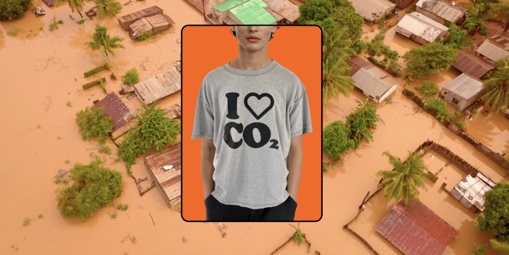 A fast fashion grey t-shirt, flipped inside out with the message 'I love CO2' printed on it, using creativity to inspire climate action.