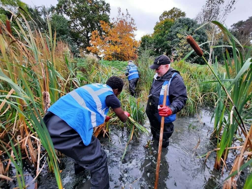 Volunteers clean up a local river, fighting climate change