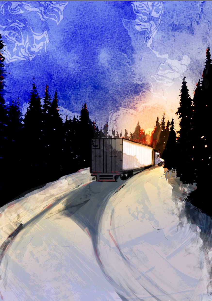 An illustration showing trucks bringing supplies over an ice road near forest