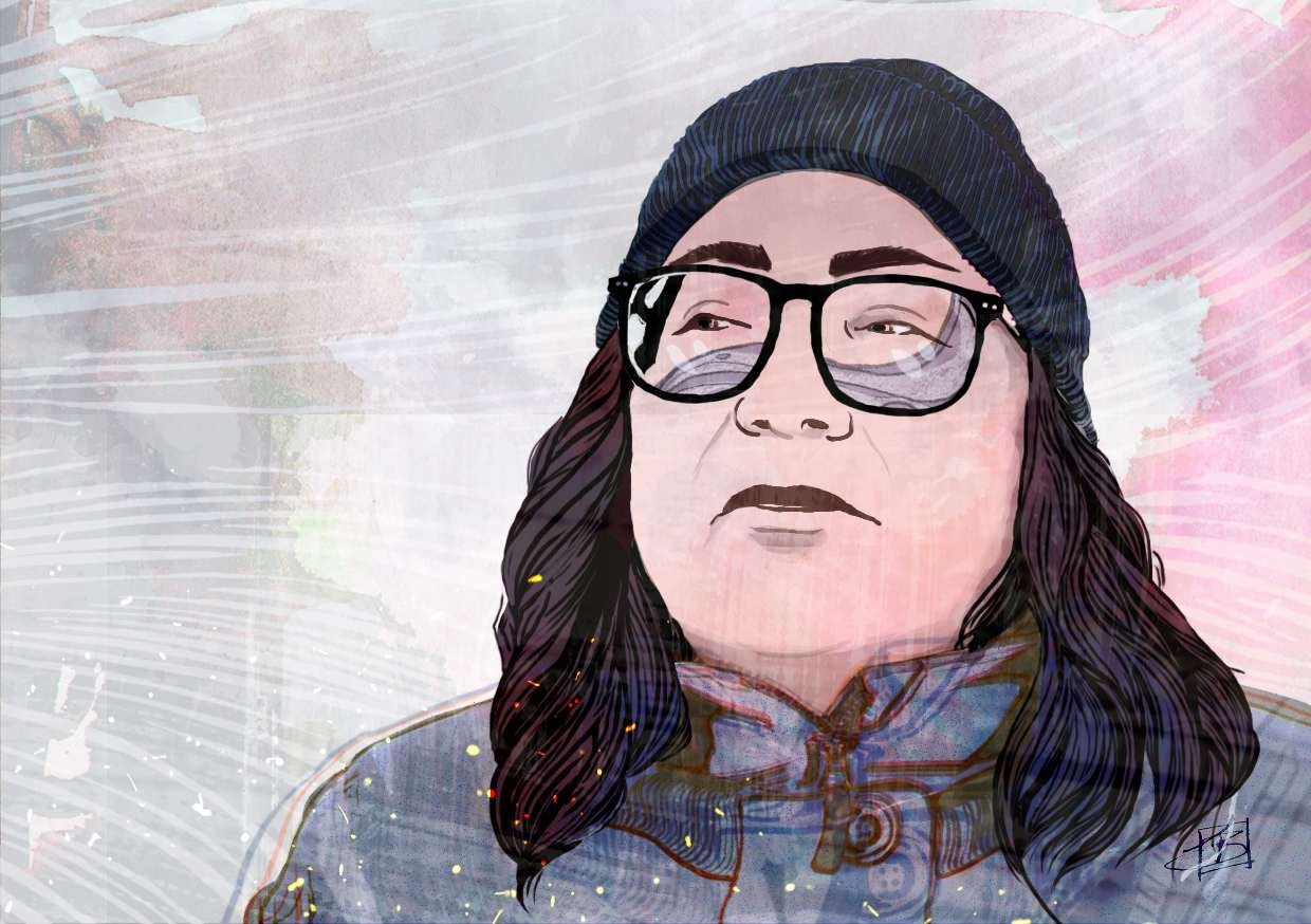 An illustration of a woman in glasses with a river reflected in them