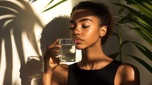 A woman drinking a glass of water