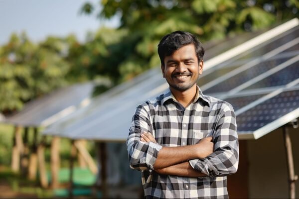 A man standing in front of some solar panels