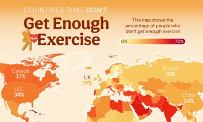 This cropped map tracks the share of population in every country that doesn't get enough exercise from data published by a study in Lancet Global Health.