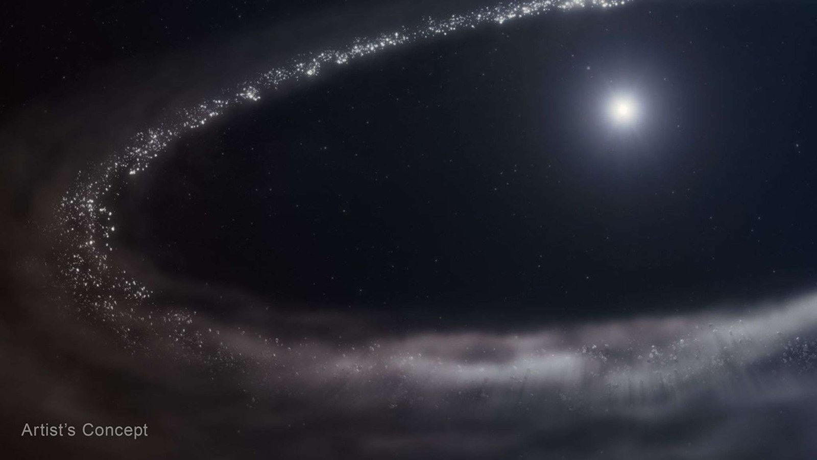 An illustration of Sun-like star HD 181327 and its surrounding debris disk. The star is at top right. It is surrounded by a far larger debris disk that forms an incomplete elliptical path and is cut off at right. There’s a huge cavity between the star and the disk. The debris disk is shown in shades of light gray. Toward the top and left, there are finer, more discrete points in a range of sizes. The disk appears hazier and smokier at the bottom. The star is bright white at center, with a hazy blue region around it. The background of space is black. The label Artist's Concept appears at lower left.